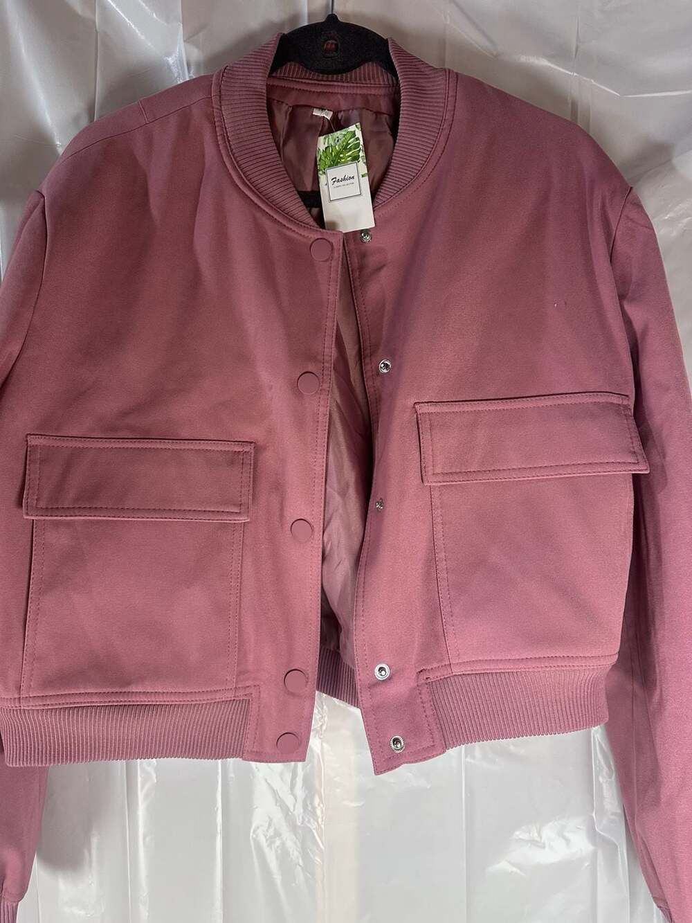 Women's Casual Cropped Bomber Jacket with Snap Buttons and Pockets
